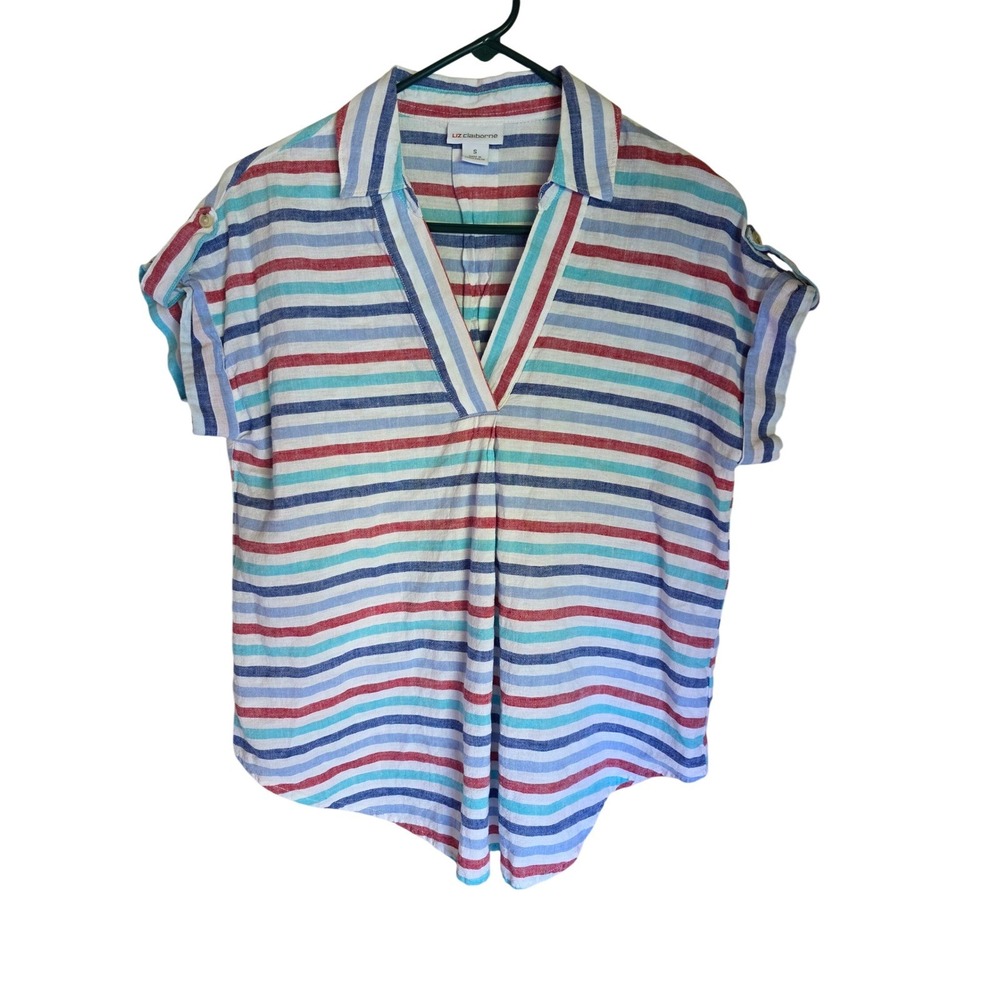 Liz Claiborne Womens Striped Linen Blend V-Neck Short Sleeve Blouse Top S Beachy